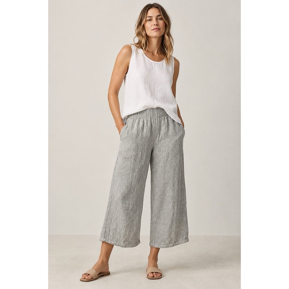 Eileen Fisher PM Petite 100% Organic Linen Wide Leg Crop Pants Gray Pull On
